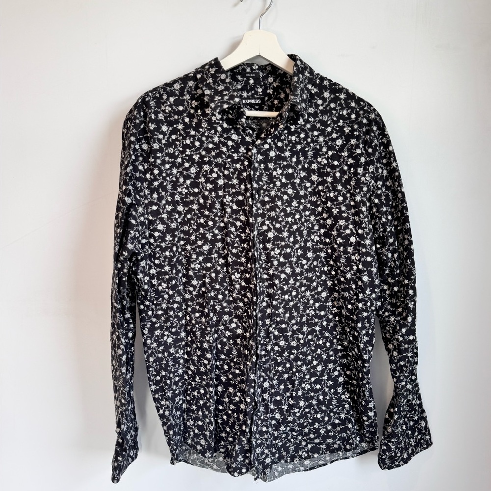Express Black and White Floral Men's Extra Slim Button Up Shirt Size Large